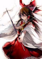 Rule 34 | 1girl, alternate eye color, ascot, bare shoulders, between fingers, bow, brown hair, detached sleeves, female focus, floating hair, frills, gohei, hair between eyes, hair bow, hair tubes, hakurei reimu, holding, long hair, looking away, minakata sunao, ofuda, outstretched arm, purple eyes, red bow, red ribbon, ribbon, ribbon trim, serious, shide, solo, touhou, white ribbon, wide sleeves