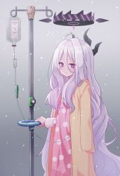 Rule 34 | 1girl, blue archive, coat, coat on shoulders, commentary request, demon girl, demon horns, gradient background, grey background, hair between eyes, highres, hina (blue archive), hina (pajamas) (blue archive), holding, horns, intravenous drip, iv stand, long hair, long sleeves, looking at viewer, nenosame, pajamas, pink pajamas, polka dot, polka dot pajamas, purple eyes, sidelocks, simple background, smile, solo, white hair, yellow coat
