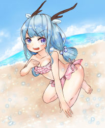 Rule 34 | 1girl, artist request, barefoot, beach, bikini, blue hair, blue sky, breasts, character request, cleavage, cloud, collarbone, copyright request, feet, frilled bikini, frills, full body, highres, looking at viewer, ocean, pink bikini, purple eyes, sky, solo, swimsuit, water