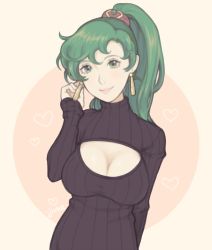 Rule 34 | 1girl, bad id, bad pixiv id, blush, breasts, cleavage, cleavage cutout, clothing cutout, fire emblem, fire emblem: the blazing blade, green eyes, green hair, high ponytail, jivke, large breasts, long hair, looking at viewer, lyn (fire emblem), meme attire, nintendo, open-chest sweater, ponytail, smile, solo, sweater