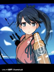 Rule 34 | 10s, 1girl, 2015, bad id, bad pixiv id, black hair, blue eyes, blurry, character name, dated, day, depth of field, highres, houshou (kancolle), japanese clothes, kantai collection, kuro chairo no neko, letterboxed, sky, solo, twitter username