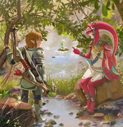 Rule 34 | 1boy, 1girl, armor, blonde hair, blue eyes, breasts, colored skin, day, fingerless gloves, fins, fish girl, flower, gloves, grass, hair ornament, highres, jewelry, link, long hair, looking at another, male focus, mipha, monster girl, multicolored skin, nintendo, no eyebrows, outdoors, pointing, pointy ears, red hair, red skin, shoulder armor, sitting, smile, soldier&#039;s set (zelda), sword, tehwi, the legend of zelda, the legend of zelda: breath of the wild, water, weapon, zora