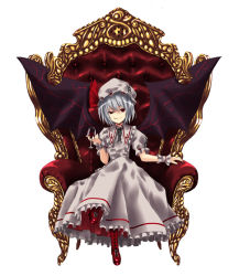 Rule 34 | 1girl, bat wings, blue hair, chair, cup, cupping glass, drinking glass, female focus, full body, hat, nabeshima tetsuhiro, red eyes, remilia scarlet, short hair, sitting, solo, throne, touhou, wine glass, wings