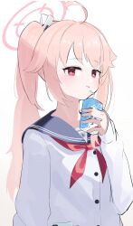 Rule 34 | 1girl, ahoge, bag, blue archive, blush, border, brown hair, closed mouth, collarbone, drinking, hair ornament, highres, juice box, lace, long hair, looking at viewer, natsu (blue archive), neckerchief, outside border, red eyes, red neckerchief, school uniform, side ponytail, simple background, solo, tatara (alnath may)