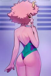 Rule 34 | 1girl, ashido mina, ass, back, bare shoulders, black sclera, boku no hero academia, colored sclera, colored skin, cowboy shot, eyelashes, feet out of frame, female focus, from behind, gluteal fold, highres, horns, leotard, licking finger, lips, loodncrood, looking at viewer, looking back, nape, parted lips, pink hair, pink skin, shoulder blades, solo, standing, teeth, thighs, tongue, tongue out, upper teeth only, yellow eyes