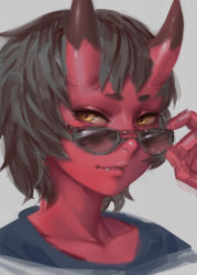 Rule 34 | 1girl, black-framed eyewear, blue shirt, brown hair, closed mouth, colored skin, fang, fang out, grey background, hand up, horns, kidouko (zakusi), looking at viewer, oni, original, portrait, red oni, red skin, shirt, short hair, simple background, slit pupils, smile, solo, sunglasses, yellow eyes, zakusi