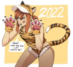 Rule 34 | 1girl, 2022, animal ears, animal hands, animal print, bent over, body freckles, chinese zodiac, ember (francisco mon), english text, facial mark, fake animal ears, francisco mon, freckles, gloves, happy new year, hat, highres, lip piercing, micro shorts, new year, orange hair, orange tank top, original, paw gloves, piercing, ponytail, red eyes, shorts, sidelocks, solo, sweatdrop, tail, tank top, tiger ears, tiger print, tiger tail, year of the tiger