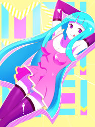 Rule 34 | 1girl, blue hair, breasts, cleavage, dress, elbow gloves, gloves, highres, me!me!me!, meme (me!me!me!), panties, purple eyes, solo, thighhighs, tongue, tongue out, underwear