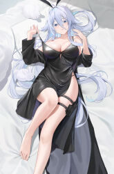 Rule 34 | 1girl, azur lane, bare shoulders, barefoot, black coat, black dress, blue eyes, blue hair, breasts, cleavage, coat, coat dress, dress, feet, hair between eyes, highres, holster, knee up, large breasts, light blue hair, long bangs, long hair, looking at viewer, lying, no shoes, off shoulder, official alternate costume, on back, open clothes, open coat, pulling own clothes, qing wu, rabbit, side slit, silo, sleeveless, sleeveless dress, smile, solo, sovetsky soyuz (azur lane), sovetsky soyuz (skyfall agent) (azur lane), strap pull, thigh holster, toes, white hair, white rabbit (animal)