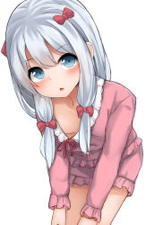 Rule 34 | 10s, 1girl, :o, bent over, blue eyes, blush, bow, breasts, downblouse, eromanga sensei, hair bow, highres, izumi sagiri, leaning forward, long hair, looking at viewer, mizushina minato, no bra, open mouth, pajamas, pink bow, silver hair, simple background, small breasts, solo, white background