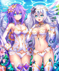 Rule 34 | 2girls, bad id, bad pixiv id, beluga dolphin, black heart (neptunia), blue eyes, braid, breasts, commentary, day, elbow gloves, flower, four goddesses online: cyber dimension neptune, garter straps, gloves, gold trim, hair between eyes, hair flower, hair ornament, halo, hand on own hip, highres, long hair, looking at viewer, medium breasts, multiple girls, neptune (neptunia), neptune (series), noire (neptunia), open mouth, outdoors, power symbol-shaped pupils, purple hair, purple heart (neptunia), revision, silver hair, smile, symbol-shaped pupils, twin braids, wings