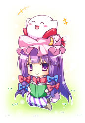 Rule 34 | 1girl, \o/, akishisu (air balance), arms up, blush stickers, book, chibi, colored skin, crescent, crossover, closed eyes, hat, holding, holding book, kirby, kirby (series), nintendo, on head, open book, open mouth, outstretched arms, patchouli knowledge, purple eyes, purple hair, reading, sitting, smile, solo, touhou, white skin