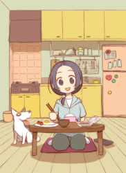 Rule 34 | 1girl, :d, blue hair, blue hoodie, bowl, chopsticks, controller, cushion, dog, eating, egg (food), food, fried egg, grey pants, hood, hood down, hoodie, indoors, kitchen, long hair, looking at viewer, morifumi, open mouth, original, oven, pants, purple eyes, refrigerator, remote control, rice, rice bowl, side ponytail, sitting, smile, socks, solo, table, tomato, white socks