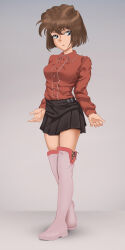 Rule 34 | 1girl, absurdres, black skirt, blue eyes, boots, brown hair, buttons, collared shirt, female focus, full body, highres, long sleeves, looking at viewer, meitantei conan, miyano shiho, pleated skirt, red shirt, shirt, short hair, skirt, solo, standing, storm92, thigh boots, thighhighs, thighs, zettai ryouiki