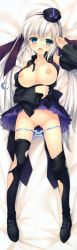 Rule 34 | 1girl, :o, absurdres, alia&#039;s carnival!, arm up, bed sheet, black hat, black thighhighs, blue eyes, blue panties, blush, bow, bow panties, breasts, breasts out, clothes lift, collarbone, dakimakura (medium), detached sleeves, dress, from above, full body, gluteal fold, groin, hair ribbon, hat, highres, huge filesize, large breasts, long hair, long image, long sleeves, looking at viewer, looking up, lying, mini hat, nanao naru, nipples, on back, open clothes, open dress, open mouth, open vest, panties, panty pull, pussy, pussy juice, ribbon, sakujitsu inori, saliva, saliva trail, scan, skirt, skirt lift, solo, tall image, tears, thighhighs, torn clothes, torn thighhighs, twintails, unbuttoned, uncensored, underwear, vest, wet, wet clothes, wet panties, white hair