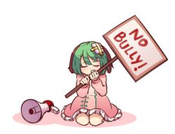 Rule 34 | 1girl, animal ears, commentary, dog ears, dress, english commentary, english text, closed eyes, frilled dress, frills, green hair, head down, holding, holding sign, kasodani kyouko, kneeling, long sleeves, megaphone, pink dress, seiza, short hair, sign, simple background, sitting, solo, touhou, white background, yoruny