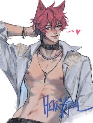 Rule 34 | 1boy, animal collar, animal ears, black collar, blush, bracelet, collar, fang, grey shirt, heart, highres, jewelry, ka kaxxx0, league of legends, looking at viewer, male focus, navel, necklace, open clothes, open shirt, red hair, scar, scar on face, scar on nose, sett (league of legends), shirt, short hair, short sleeves, solo, teeth, upper body
