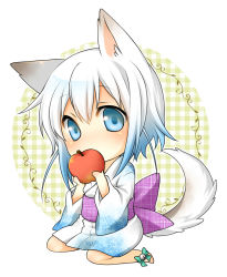 Rule 34 | 1girl, animal ears, anklet, apple, bell, blue hair, chibi, eating, food, fox ears, fox tail, fruit, full body, gradient hair, japanese clothes, jewelry, jingle bell, kimono, looking at viewer, mise yuzuki, multicolored hair, obi, original, red apple, sash, simple background, sitting, solo, tail, unmoving pattern, wariza, white background, white hair