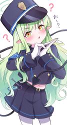 Rule 34 | 1girl, ?, absurdres, belt, black belt, black jacket, black skirt, black tail, blue archive, blush, commentary request, demon tail, gloves, green hair, green halo, halo, hat, highres, hikari (blue archive), jacket, long hair, navel, own hands together, pantyhose, peaked cap, pleated skirt, pointy ears, simple background, skirt, solo, tail, translation request, vtitalianlion46, wavy hair, white background, white gloves, white pantyhose, yellow eyes