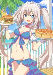 Rule 34 | 1girl, bare shoulders, beach, bikini, blue bikini, blue eyes, blue sky, blush, breasts, burger, cleavage, collarbone, commission, fate/grand order, fate (series), food, french fries, highres, long hair, looking at viewer, maid headdress, marie antoinette (fate), marie antoinette (fate/grand order), marie antoinette (swimsuit caster) (fate), marie antoinette (swimsuit caster) (third ascension) (fate), medium breasts, navel, open mouth, pixiv commission, pizza, plate, shimouki izui, silver hair, sky, smile, solo, swimsuit, thighs, twintails, very long hair
