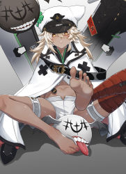 Rule 34 | 1girl, absurdres, barefoot, belt, black belt, chinese commentary, clover, coat, collared coat, commentary request, dark-skinned female, dark skin, eyelashes, feet, feet up, foreshortening, gradient background, grey background, guilty gear, hair between eyes, hat, high collar, highres, kongbai huanxiang, long hair, looking at viewer, midriff, nail polish, parted lips, pink nails, platinum blonde hair, ramlethal valentine, short shorts, shorts, sitting, solo, teeth, thigh strap, toenails, white coat, white hat, yellow eyes