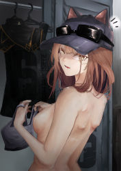 Rule 34 | 1girl, absurdres, angry, animal ears, arknights, ash (rainbow six siege), ash (ranger) (rainbow six siege), baseball cap, breasts, brown eyes, brown hair, closet, female focus, fox ears, from behind, goggles, goggles on headwear, halterneck, halterneck, hat, highres, huge filesize, long hair, looking at viewer, nipples, no bra, nude, official alternate costume, rainbow six siege, riel shirogane, small breasts, solo