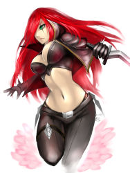 Rule 34 | 1girl, bandeau, belt, black gloves, black panties, bracelet, breasts, cropped jacket, dagger, frown, gloves, green eyes, hair over one eye, highres, jewelry, katarina (league of legends), knife, kumiko shiba, lace, lace-trimmed panties, lace trim, large breasts, league of legends, lipstick, long hair, lowleg, lowleg pants, makeup, midriff, narrow waist, navel, panties, pants, red hair, reverse grip, running, scar, solo, spiked bracelet, spikes, thigh strap, underwear, weapon