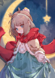 Rule 34 | 1girl, antlers, blue eyes, brown hair, closed mouth, crescent moon, dress, duo-zi, hair ornament, hat, highres, horns, indie utaite, kano (utaite), long sleeves, moon, night, night sky, nightgown, scarf, short hair, sky, smile, solo, star (symbol)