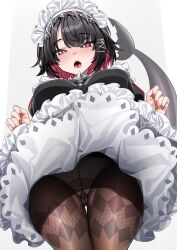 Rule 34 | 1girl, black hair, black pantyhose, blush, breasts, clothes lift, colored inner hair, cowboy shot, ellen joe, fins, fish tail, from below, gluteal fold, highres, keishi surota, lifting own clothes, looking at viewer, maid, maid headdress, metal hairband, mole, mole under eye, multicolored hair, open mouth, pantyhose, raised eyebrows, red eyes, red nails, shark girl, shark tail, sharp teeth, short hair, simple background, skirt, skirt lift, solo, spiked headband, tail, teeth, thighs, zenless zone zero