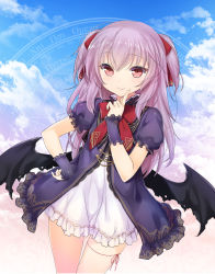 Rule 34 | 1girl, 47agdragon, blue sky, blush, closed mouth, cloud, cloudy sky, cowboy shot, day, demon girl, dress, hand on own hip, highres, index finger raised, leg ribbon, long hair, looking at viewer, magic circle, original, outdoors, puffy short sleeves, puffy sleeves, purple dress, purple eyes, purple hair, ribbon, short sleeves, sky, smile, solo, thigh ribbon, thighs, two side up, wings