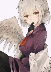 Rule 34 | 1girl, ascot, black gloves, black pantyhose, blush, braid, brooch, brown eyes, feathered wings, finger to mouth, french braid, from side, gloves, grey background, jacket, jewelry, kishin sagume, long sleeves, looking at viewer, open clothes, open jacket, pantyhose, short hair, simple background, single wing, solo, touhou, white hair, white jacket, white wings, wings, zairen