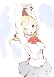 Rule 34 | 10s, 1girl, bad id, bad pixiv id, blonde hair, blush, breasts, drill hair, mahou shoujo madoka magica, one eye closed, open mouth, pleated skirt, school uniform, sketch, skirt, solo, tetsumi, tomoe mami, twin drills, twintails, wink