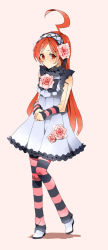 Rule 34 | 1girl, ahoge, alternate costume, blush, catgirl0926, dress, flower, hairband, headband, highres, huge ahoge, joints, leg warmers, long hair, long image, pants, patterned legwear, red eyes, red hair, robot joints, sf-a2 miki, solo, striped clothes, striped pants, tall image, vocaloid