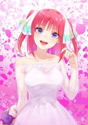 Rule 34 | 1girl, absurdres, bare shoulders, blue eyes, blush, breasts, butterfly hair ornament, collarbone, dress, flower, go-toubun no hanayome, gradient background, hair ornament, hand up, highres, kachin, looking at viewer, medium breasts, medium hair, nail polish, nakano nino, open mouth, pink background, pink hair, purple flower, ribbon, smile, solo, sparkle, teeth, twitter username, upper teeth only, wedding dress, white background, white ribbon