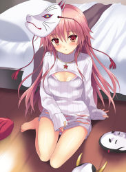 Rule 34 | 1girl, alternate costume, bare legs, barefoot, bed, blanket, blush, bra, breasts, cleavage cutout, clothing cutout, covering privates, covering crotch, fox mask, hata no kokoro, highres, jewelry, long hair, long sleeves, looking at viewer, mask, meme attire, mouth mask, naked sweater, necklace, no pants, open-chest sweater, open mouth, panties, pendant, pillow, pink bra, pink eyes, pink hair, pink panties, rasahan, ribbed sweater, see-through, sitting, small breasts, solo, star (symbol), sweater, toes, touhou, turtleneck, underwear, very long hair