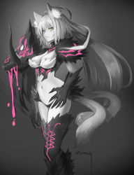 Rule 34 | 1girl, agrius metamorphosis, ahoge, animal ears, artist name, atalanta (fate), atalanta alter (fate), breasts, cat ears, cleavage, collar, commentary request, fate/grand order, fate (series), gradient background, green eyes, grey background, highres, long hair, looking at viewer, medium breasts, navel, silver hair, solo, tail, thighhighs, tyone, very long hair