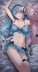 Rule 34 | 1girl, absurdres, ahoge, alternate costume, blue camisole, blue hair, blue skirt, breasts, camisole, collarbone, elf, frilled skirt, frills, hair over one eye, heart, heart ahoge, highres, hololive, jacket, large breasts, long hair, lying, menomeno draw, miniskirt, navel, on back, on bed, pink jacket, plaid, plaid skirt, pointy ears, skirt, solo, thigh strap, virtual youtuber, yellow eyes, yukihana lamy