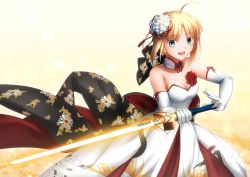 Rule 34 | 1girl, :d, ahoge, alternate costume, artoria pendragon (all), artoria pendragon (fate), blonde hair, breasts, choker, cleavage, collarbone, dress, elbow gloves, excalibur (fate/stay night), fate/stay night, fate (series), floral print, gloves, green eyes, highres, holding, holding sword, holding weapon, long dress, looking at viewer, open mouth, saber (fate), shoori (migiha), short hair, simple background, sleeveless, sleeveless dress, small breasts, smile, solo, strapless, strapless dress, sword, weapon, white background, white dress, white gloves