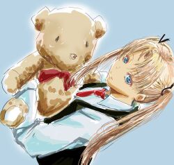 Rule 34 | 1girl, black ribbon, black vest, blonde hair, blue background, blue eyes, blush, bow, bowtie, chika (keiin), closed mouth, collared shirt, commentary request, dutch angle, gunslinger girl, hair ribbon, highres, holding, holding stuffed toy, long hair, long sleeves, looking at viewer, necktie, red bow, ribbon, shirt, simple background, sketch, smile, solo, stuffed animal, stuffed toy, teddy bear, triela, twintails, upper body, very long hair, vest, white shirt
