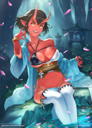 Rule 34 | 1girl, bad id, bad pixiv id, bikini, bracelet, breasts, brown hair, cleavage, collarbone, colored skin, forest, hands up, horns, in water, japanese clothes, jewelry, koshio, large breasts, long sleeves, monster girl, nature, navel, obi, oni, oni horns, open mouth, original, outdoors, patreon username, petals, petals on liquid, pointy ears, red oni, red skin, ring, sash, short hair, sitting, smile, solo, swimsuit, thighhighs, wide sleeves, yellow eyes
