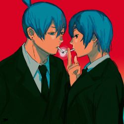 Rule 34 | 1boy, 1girl, black jacket, black suit, blue eyes, chainsaw man, cigarette, cigarette kiss, collared shirt, formal, hair tied, hair tied up, hayakawa aki, highres, himeno (chainsaw man), jacket, long sleeves, necktie, ohisama33ohayo3, red background, shirt, short hair, sleeves past elbows, smoking, suit, white shirt