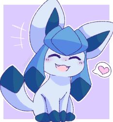 Rule 34 | animal focus, blue hair, blush, closed eyes, creatures (company), fangs, game freak, gen 4 pokemon, glaceon, glacytale, heart, highres, nintendo, no humans, open mouth, pokemon, pokemon (creature), sidelocks, signature, sitting, solo