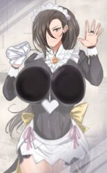 Rule 34 | 1girl, absurdres, against glass, alternate costume, breast press, breasts, breasts on glass, brown eyes, brown hair, fire emblem, fire emblem fates, fire emblem heroes, hair over one eye, highres, huge breasts, kagero (fire emblem), looking at viewer, maid, nintendo, official alternate costume, solo, toshimasa