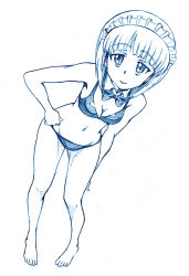 Rule 34 | 1girl, bbb (friskuser), bikini, blue theme, bow, bowtie, breasts, commentary request, cutlass (girls und panzer), detached collar, full body, girls und panzer, hand on own hip, highres, leaning to the side, legs, looking at viewer, maid headdress, medium breasts, monochrome, navel, parted lips, partial commentary, short hair, smile, solo, standing, swimsuit