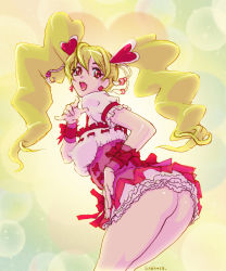 Rule 34 | 00s, 1girl, \m/, ass, blonde hair, bow, breasts, covered erect nipples, cure peach, earrings, fresh precure!, frills, hair ornament, heart, heart hair ornament, highres, jewelry, large breasts, magical girl, momozono love, no panties, open mouth, oprince, pink bow, precure, red eyes, ribbon, solo, twintails