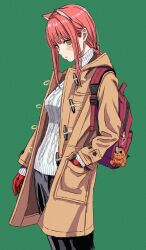 Rule 34 | 1girl, absurdres, animal ears, backpack, bag, black pants, blush, braid, brown coat, brown eyes, cable knit, casual, cat ears, chain, chainsaw man, coat, cowboy shot, gloves, green background, hair behind ear, hand in pocket, highres, kemonomimi mode, long hair, long sleeves, looking at viewer, makima (chainsaw man), pale skin, pants, pochita (chainsaw man), red bag, red gloves, red hair, ringed eyes, shiren (ourboy83), sidelocks, single braid, solo, sweater, turtleneck, turtleneck sweater, white sweater, winter clothes