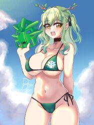 Rule 34 | 1girl, absurdres, antlers, bikini, bionicle, blush, breasts, ceres fauna, collar, collarbone, drogo doggo, green bikini, green hair, highres, holding, holding mask, hololive, hololive english, horns, large breasts, lewa (bionicle), mask, open mouth, swimsuit, the lego group, virtual youtuber