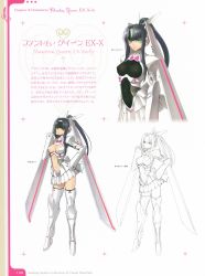 Rule 34 | 10s, 1girl, armor, breasts, cleavage, concept art, frills, green eyes, highres, large breasts, long hair, looking at viewer, multiple views, phantom queen ex-xecty, ponytail, purple hair, shining (series), shining hearts, thighhighs, tony taka, transparent background, underwear, visor, zettai ryouiki