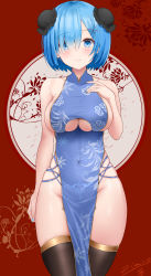 Rule 34 | 1girl, absurdres, alternate costume, bare arms, bare shoulders, black thighhighs, blue dress, blue eyes, blue hair, blue nails, blush, body writing, breasts, bun cover, china dress, chinese clothes, closed mouth, clothing cutout, collarbone, covered navel, cowboy shot, double bun, dress, floral background, groin, hair bun, hair ornament, hair over one eye, hairclip, hand on own chest, highres, large breasts, looking at viewer, nail polish, no panties, pelvic curtain, re:zero kara hajimeru isekai seikatsu, red background, rem (re:zero), revealing clothes, skindentation, sleeveless, sleeveless dress, smile, solo, thighhighs, thighs, underboob, underboob cutout, x hair ornament, zim-o (2cy520)