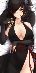 Rule 34 | 1girl, bed sheet, black bow, black dress, black gloves, black nails, blush, bow, braid, breasts, cleavage, closed mouth, collarbone, covered navel, dakimakura (medium), dress, elbow gloves, eyepatch, from above, girls&#039; frontline, gloves, groin, hair bow, hand in own hair, highres, large breasts, long hair, looking at viewer, lying, m16a1 (blazer of the trail) (girls&#039; frontline), m16a1 (girls&#039; frontline), mole, mole under eye, multicolored hair, nail polish, no panties, official alternate costume, on back, on bed, one eye covered, orange hair, partially fingerless gloves, pelvic curtain, scar, scar on face, single braid, sleeveless, sleeveless dress, smile, solo, streaked hair, two-tone hair, z.taiga